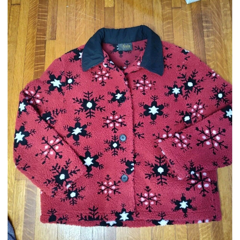 vintage david paul women's fleece Teddy jacket size large red snowflake winter
